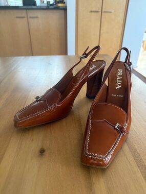 Prada Cognac Leather Slingback Heels